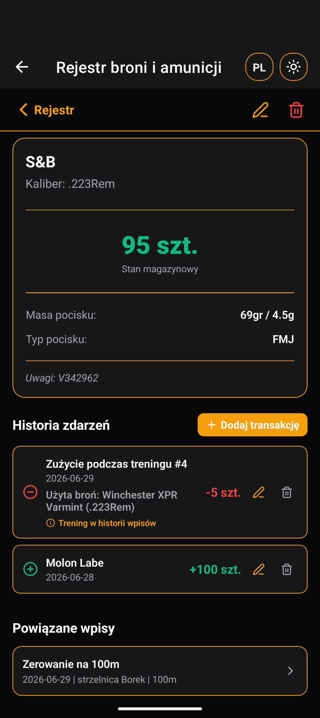 Rejestr 5 - Szczegóły amunicji